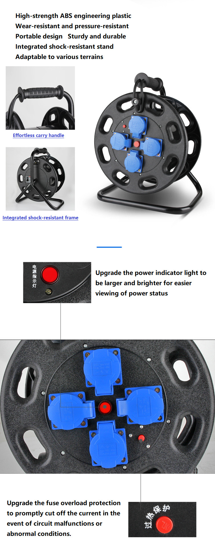 4 Universal Sockets IP54 Retractable Cable Reel Customized Length Extension Heavy-duty Industrial Waterproof