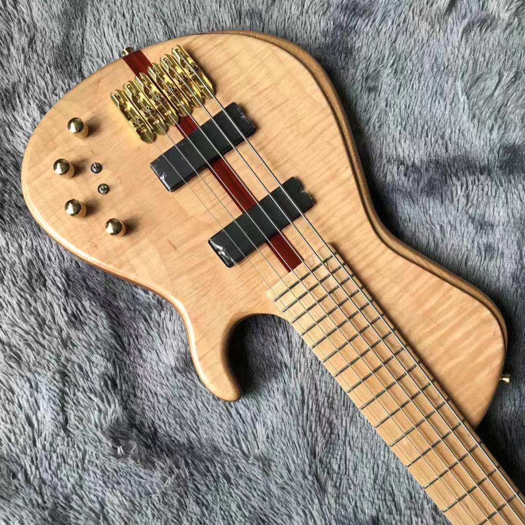 Custom Neck Throu Body Flamed Maple Top Ash Wood 6 Strings Guitar Bass with 940mm Scale Lengthen