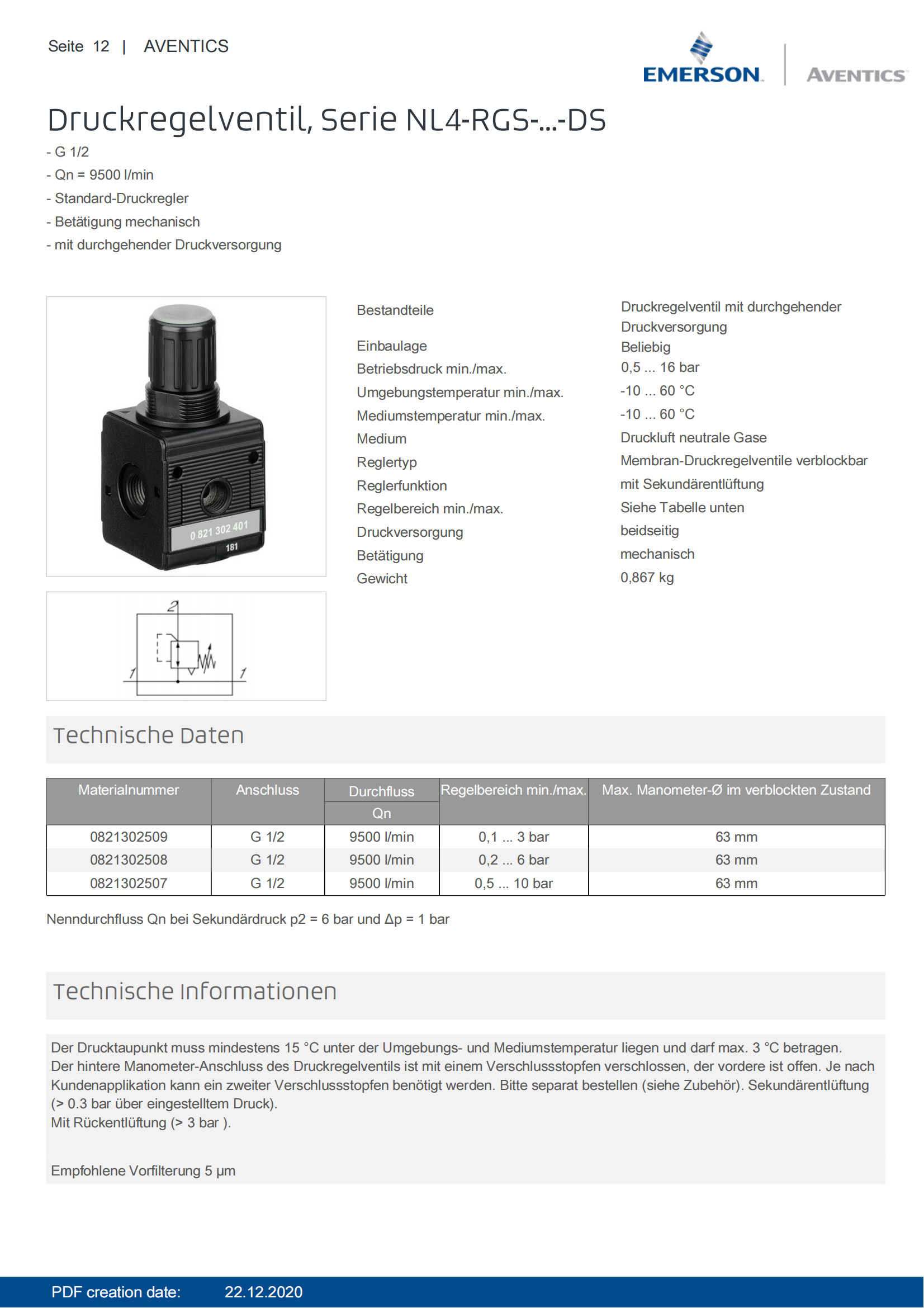 AVENTICS Pressure Regulator Series NL4–RGS-DS–0821302509 With Relieving Air Exhaust
