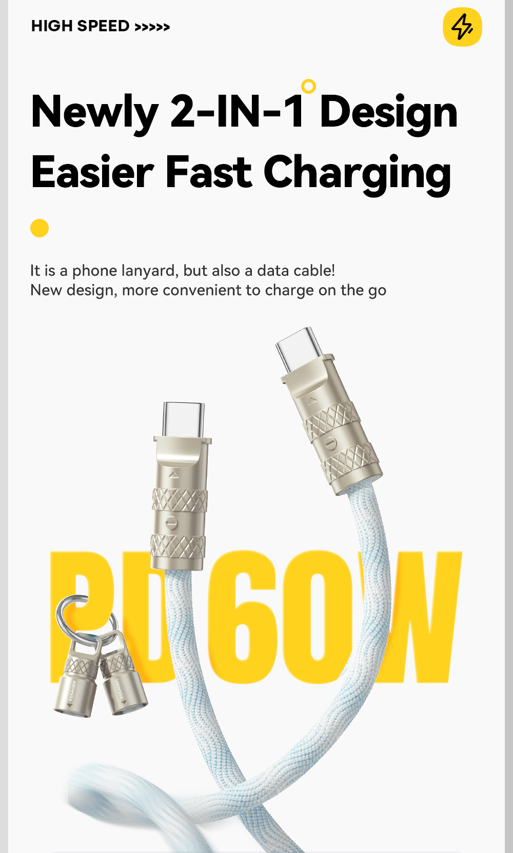 ESSAGER ES-X65 Series 60W Charging + Lanyard Style USB C to USB C Cord