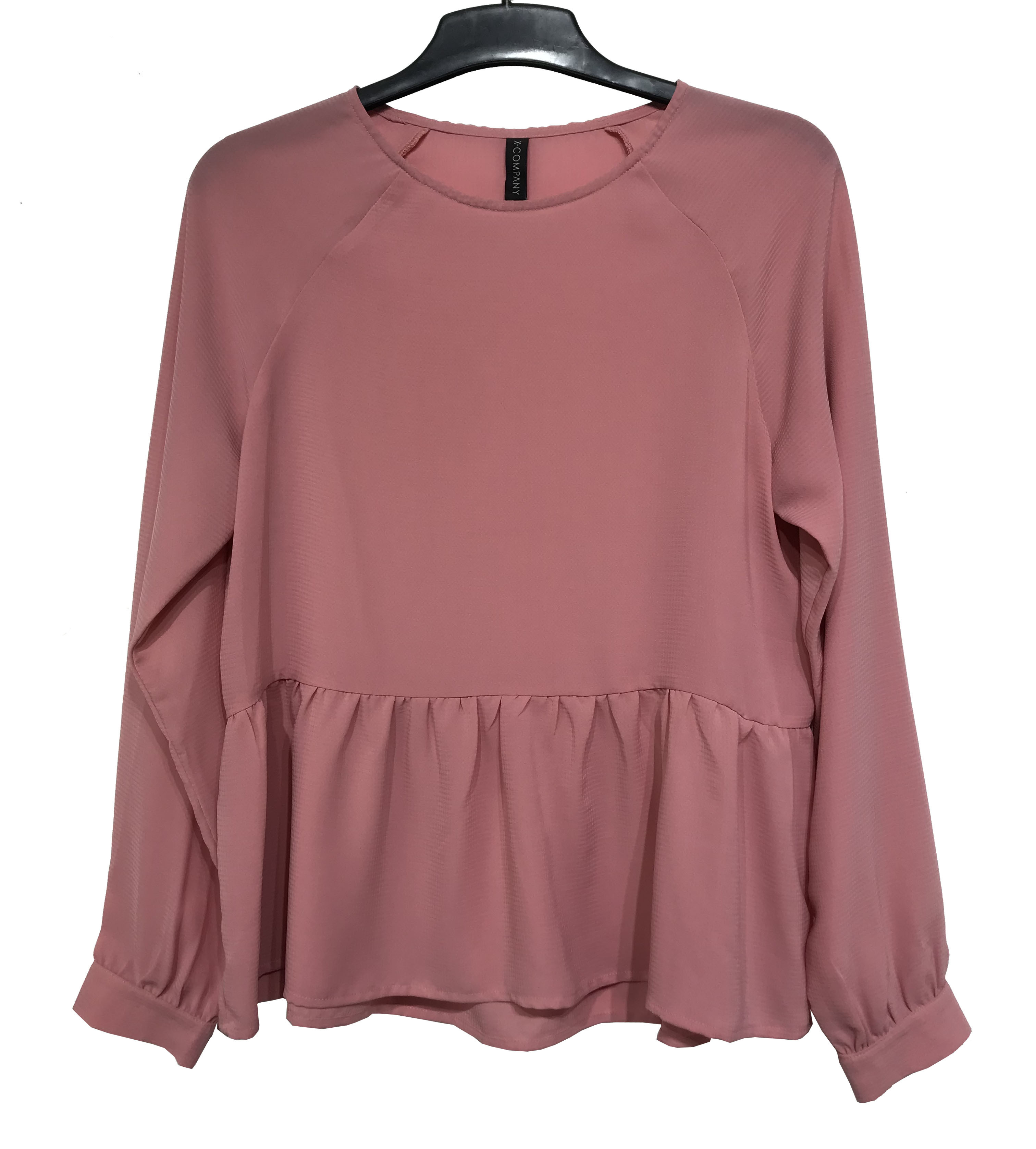 autumn season Pleated Bottom Long Sleeve Round Collar Blouse Rose Color Polyester Fabric blouse