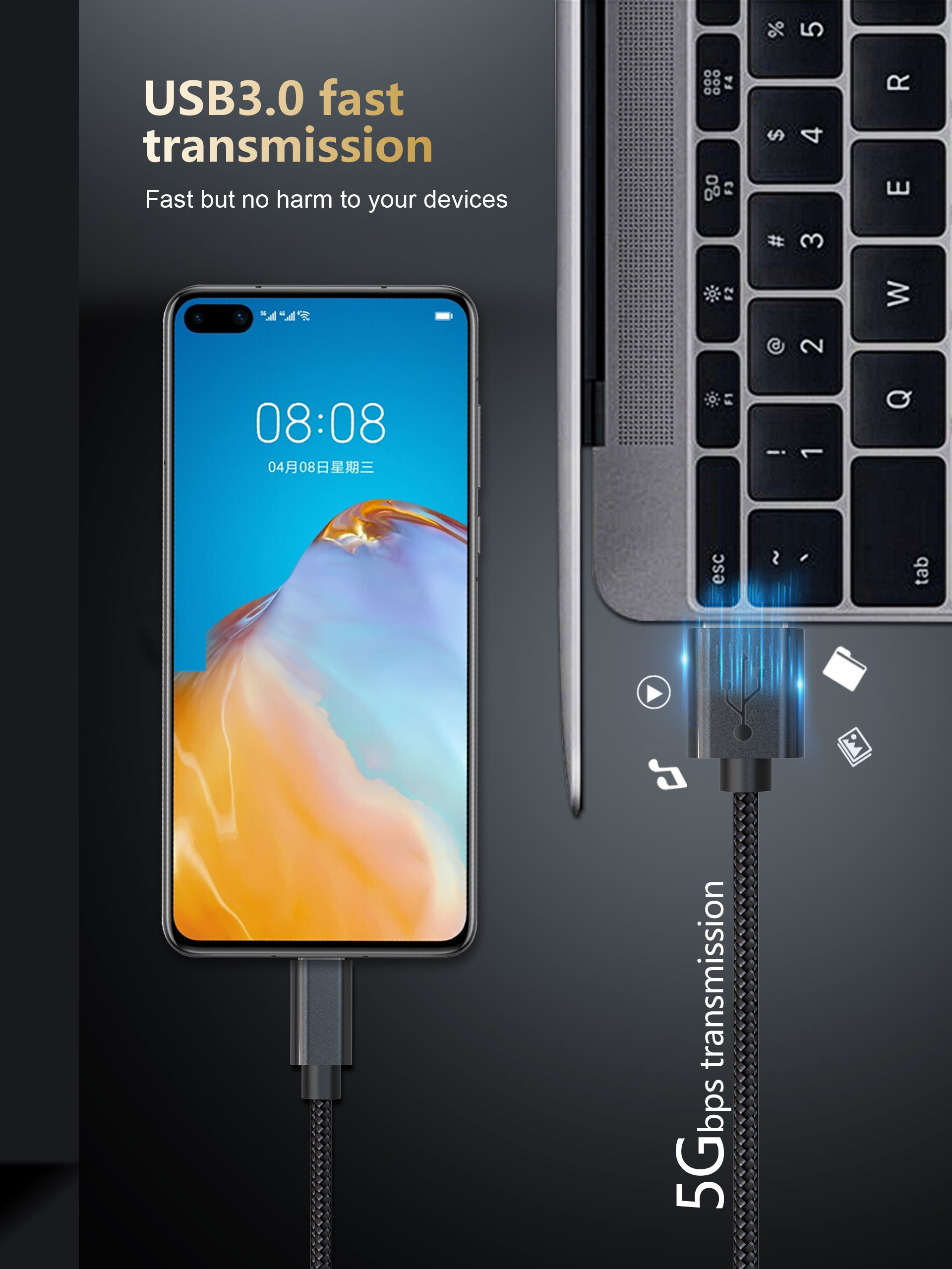 5G 3 Foot Usb Type C Cable 3a Fast Charging For Data Transmission