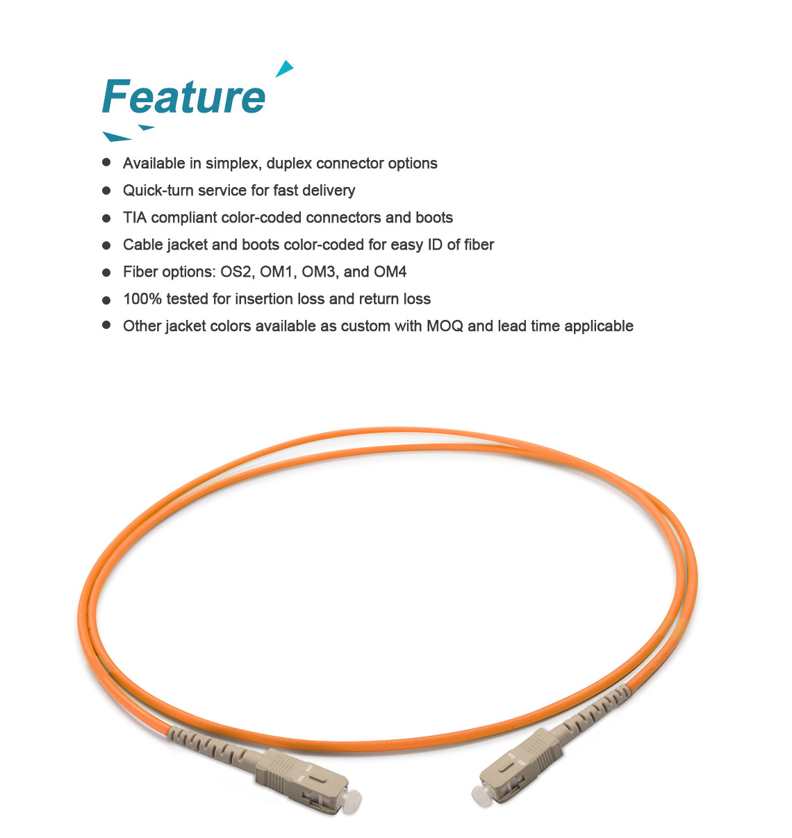 OM1 Simplex 3.0mm Sc To Sc Multimode Fiber Patch Cable , Orange Uniboot Patch Cord