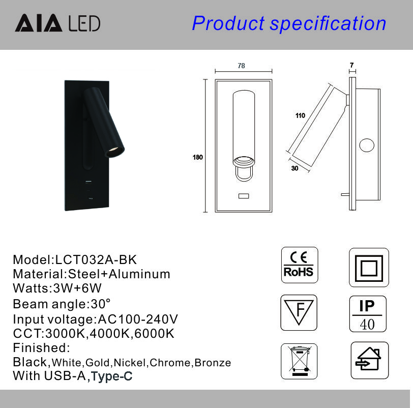 Adjustable recessed flexible LED headboard reading lamp USB aluminum hotel villa bedside wall light bed wall lighting