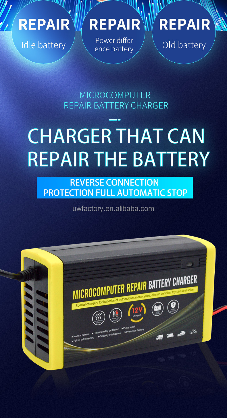 LCD Display Intelligent Battery Charger 12V 6A 8A for Microcomputers Motorcycles Trucks and Cars 90% Charging Efficiency