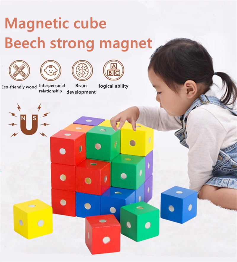 Educational Square Cube Rainbow Magnetic Blocks 10pc 2X2X2cm Wooden