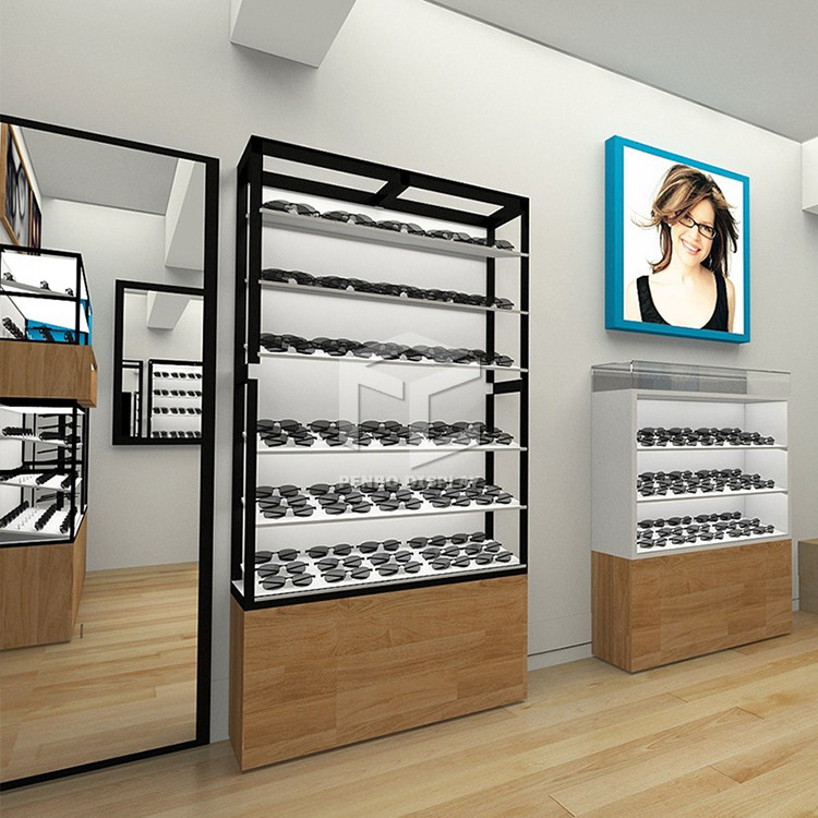 Melamine Board Optical Shop Display Cabinets Rack With T5 LED Lighting