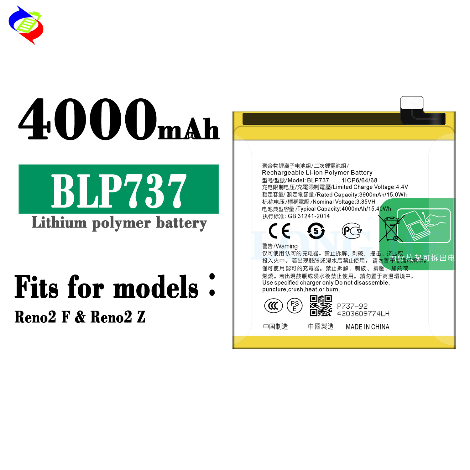 4000mAh BLP737 Rechargeable Battery for OPPO Reno 2F and Reno2Z Mobile Phone White