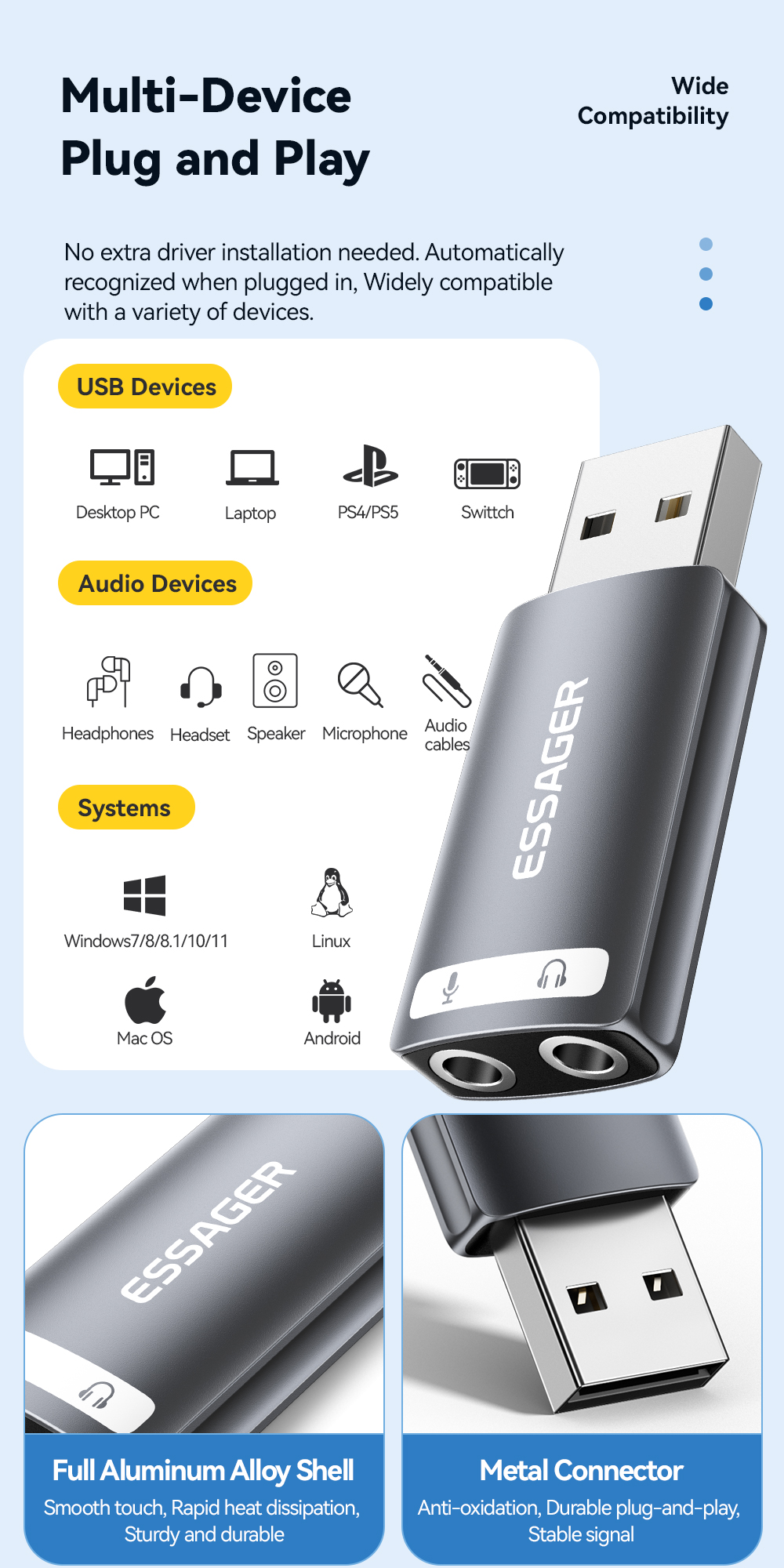 ESSAGER ES-OTG21 Series USB A To Aux Jack Audio Micro Adapter USB To 3.5mm Adapter