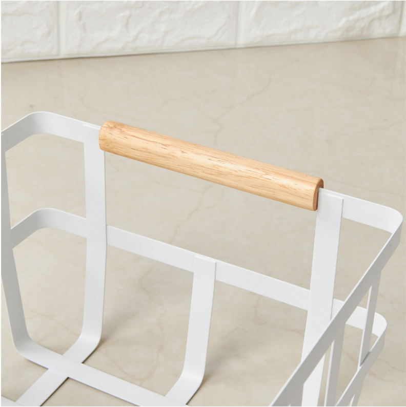 White Long Rectangle Iron Storage Baskets With Wooden Handles