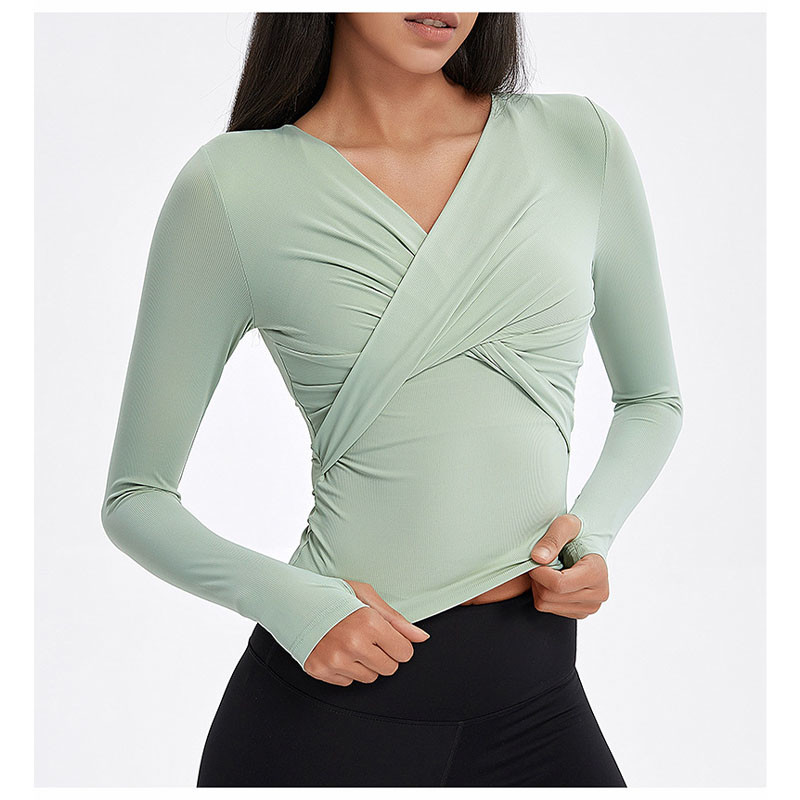 Cross Folded Ladies Yoga Tops Long Sleeve V Neck Sports Shirts With Thumb Hole