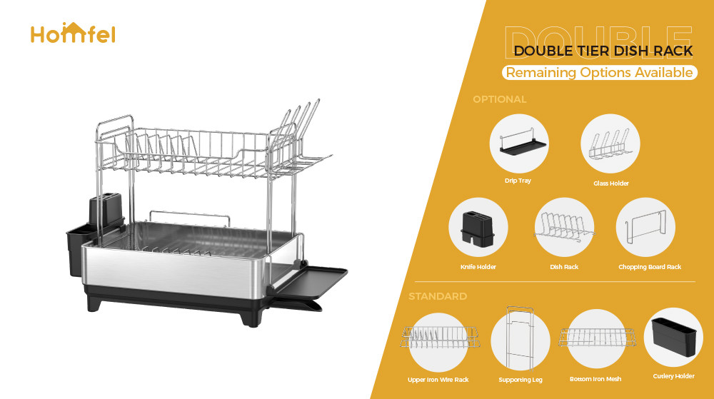 2 Tiers Rectangle Stainless Steel Detachable Dish Rack Premium Kitchen Dish Drainer Board Dish Drying Rack