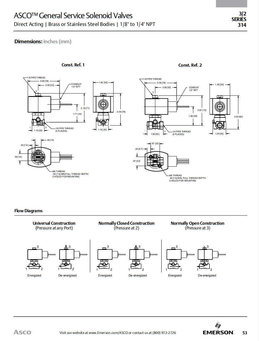 ASCO Series 314 3/2 Solenoid Valve Direct Acting Universal 1/8" 1/4" NPT Steel Brass Body