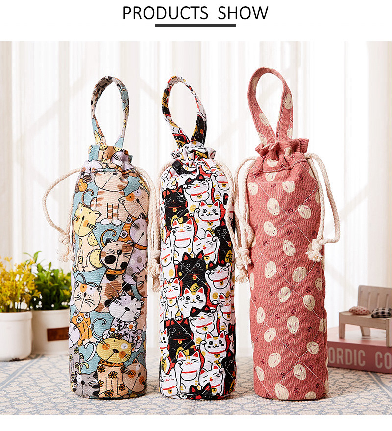 Drawstring Vintage Flower Printing Cotton Glass Wine Bottle Sleeve
