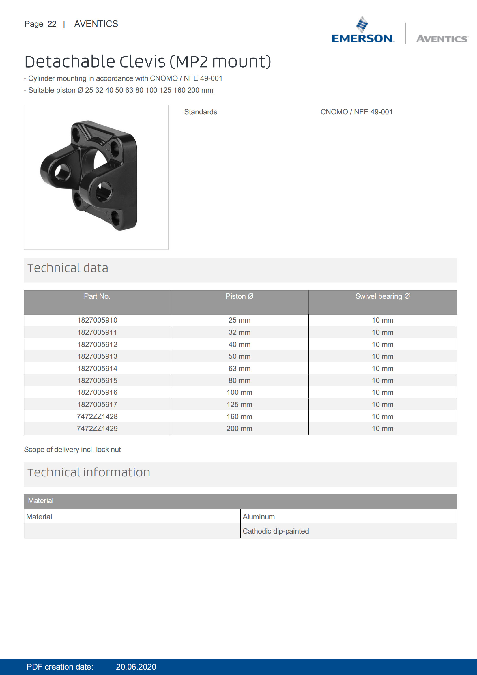 Aluminum AVENTICS Detachable Clevis MP2 Mount 1827005917 Cylinder Mounting Accessory