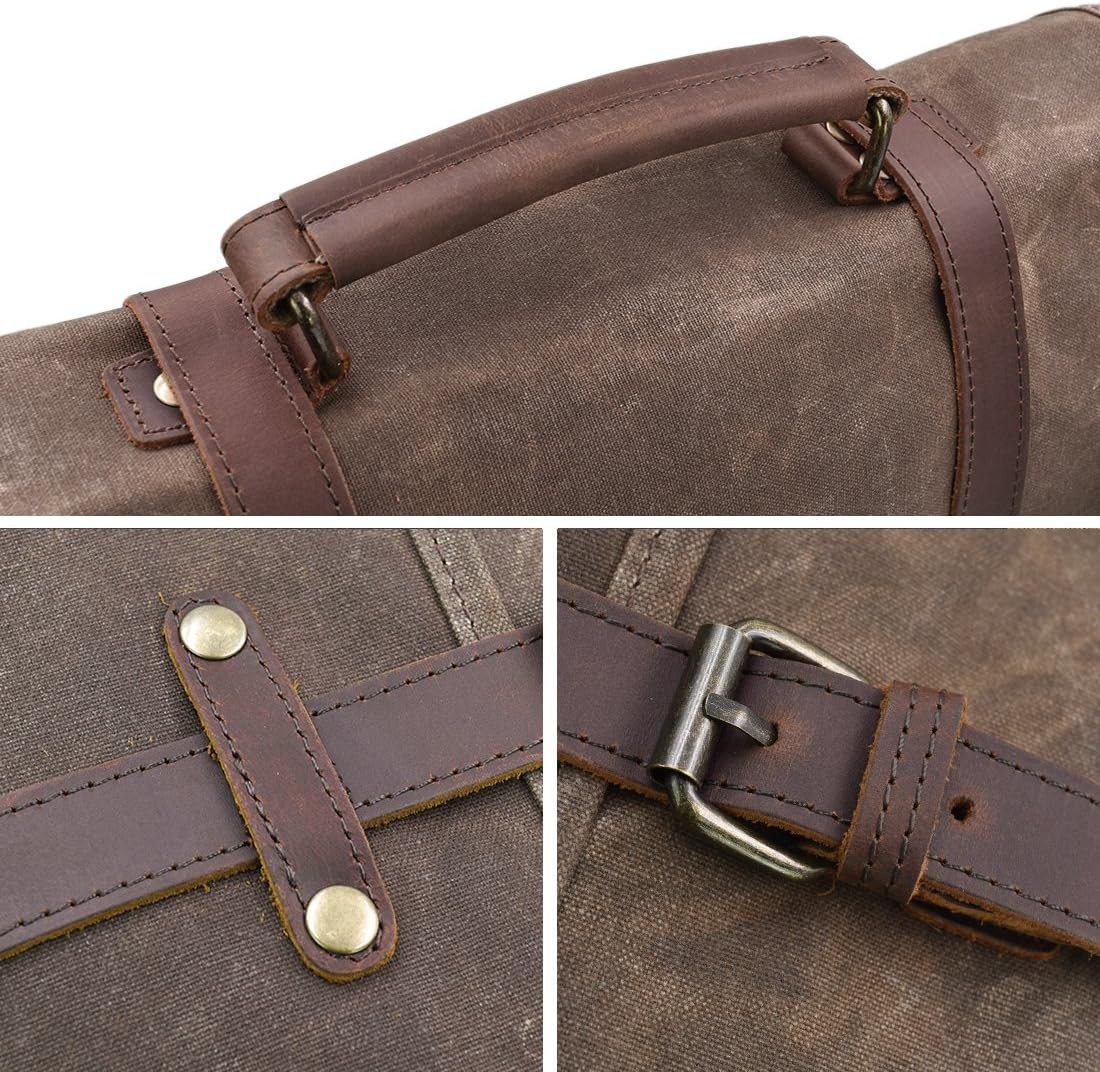 15.6 Inch Waterproof Vintage Genuine Leather Waxed Canvas Briefcase Large Leather Computer Laptop Bag Rugged Satchel