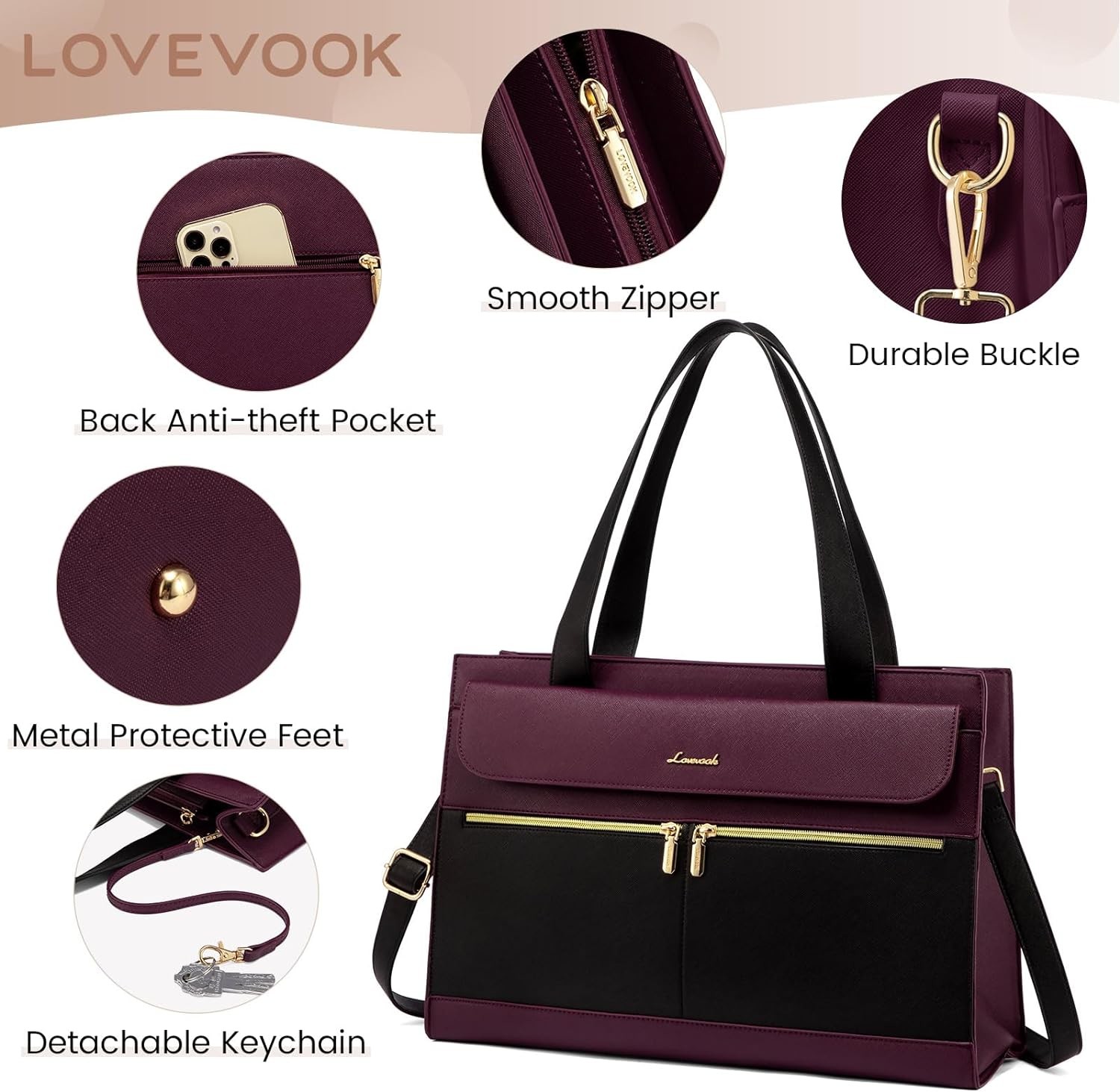LOVEVOOK LAPTOP BAG FOR WOMEN 15.6 INCH LAPTOP TOTE WORK BAG PROFESSIONAL LEATHER COMPUTER BRIEFCASE WATERPROOF BUSINESS