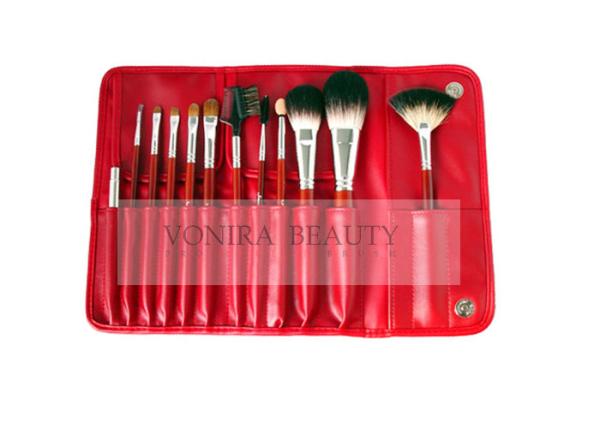 12PCs Nature Hair Cosmetic Makeup Brush Collection With Classic Red Handle And