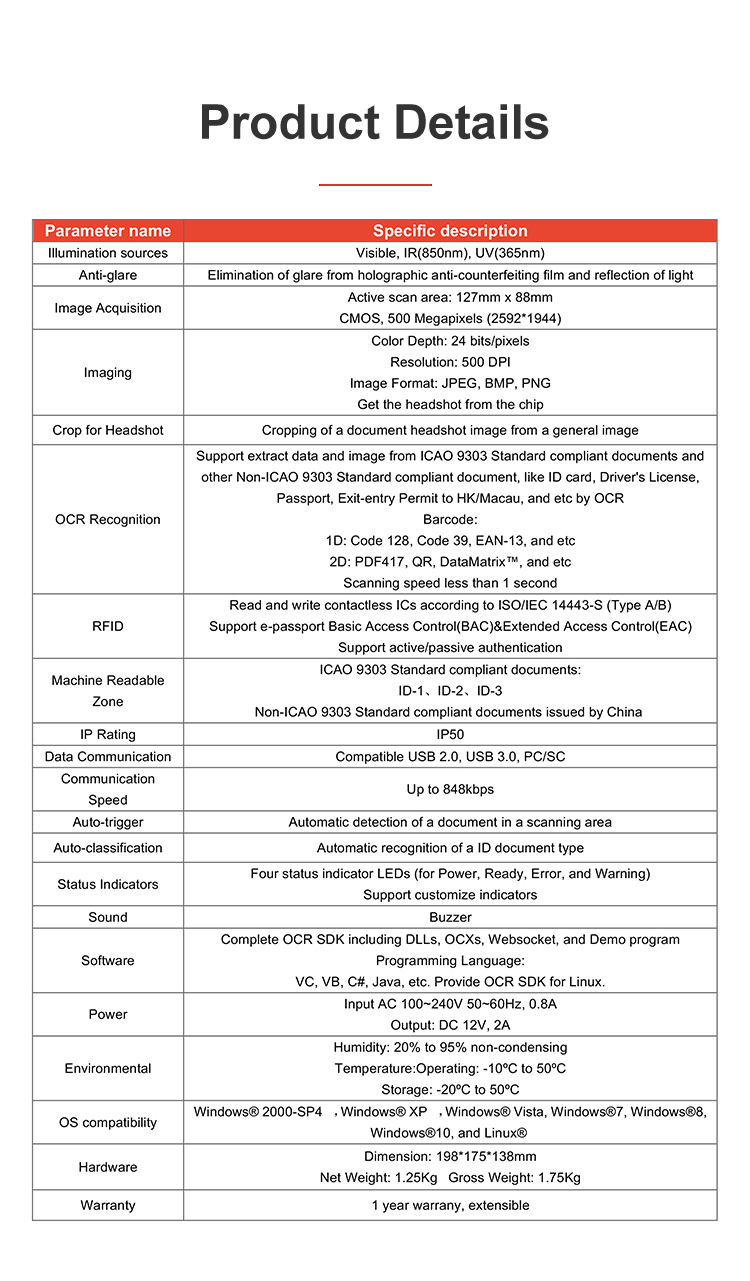 OCR Passport Scanner Sinocecu QR1000 I for Auto-Detect and Scan Support ICAO Doc 9303