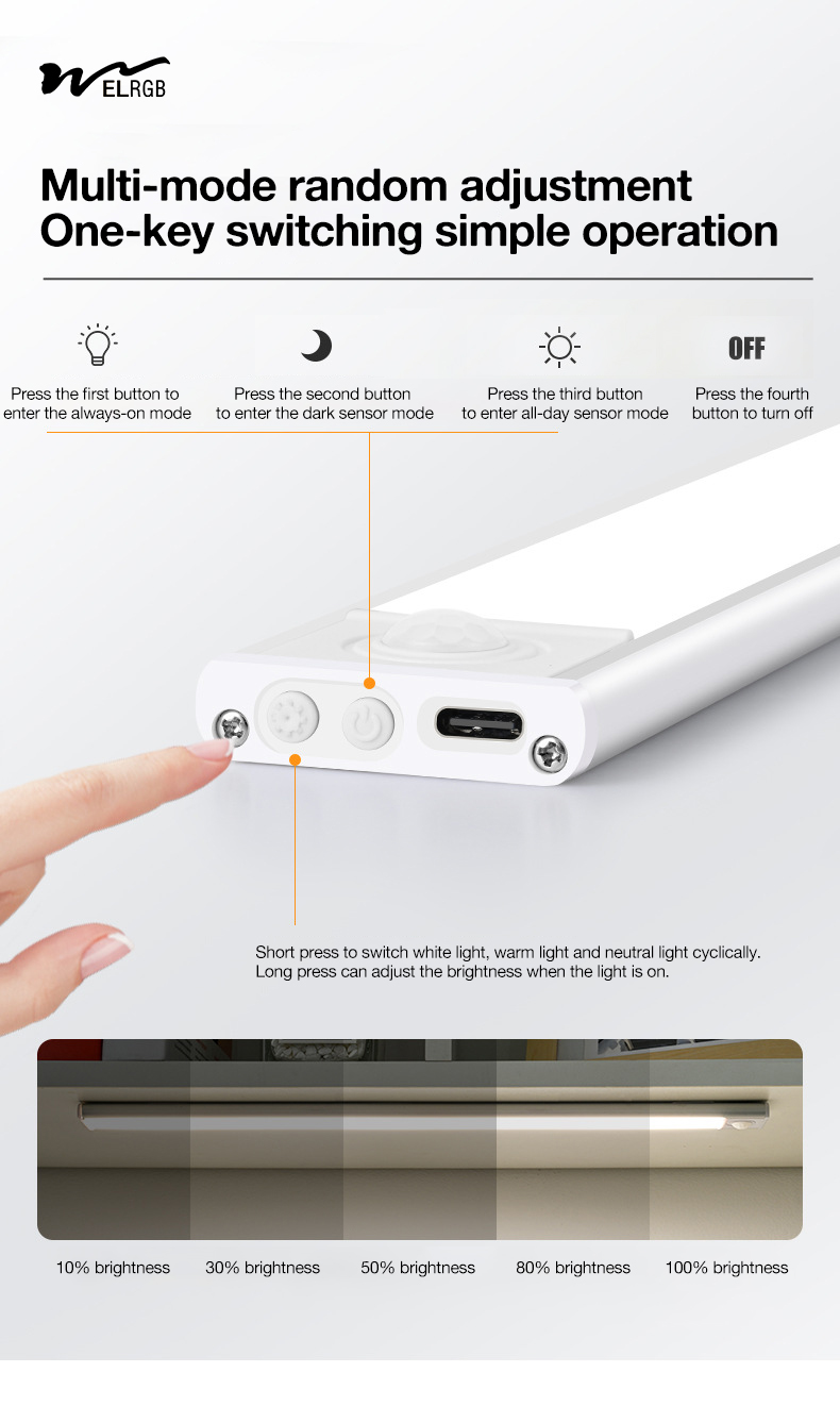 6000K Rechargeable Closet Light 65-160LM Motion Sensor Wardrobe Light