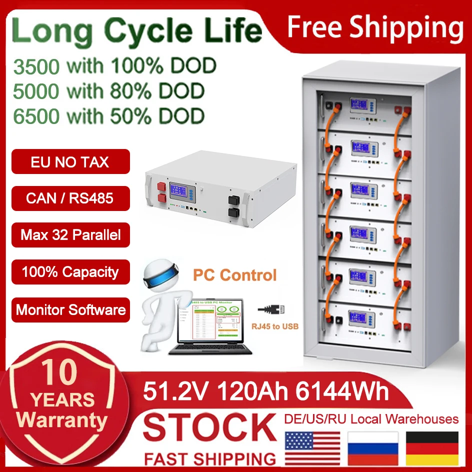 48V 120Ah 6Kwh LiFePO4 Battery 51.2V 100Ah 60Ah 6000+ Cycles