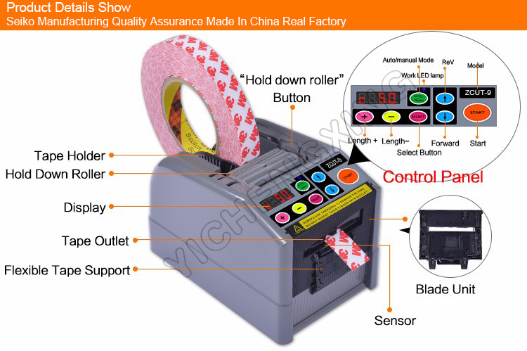 ZCUT-9 Automatic Roll Tape Cutter Dispenser for Double Sided Adhesive Tape with Silicon Roller