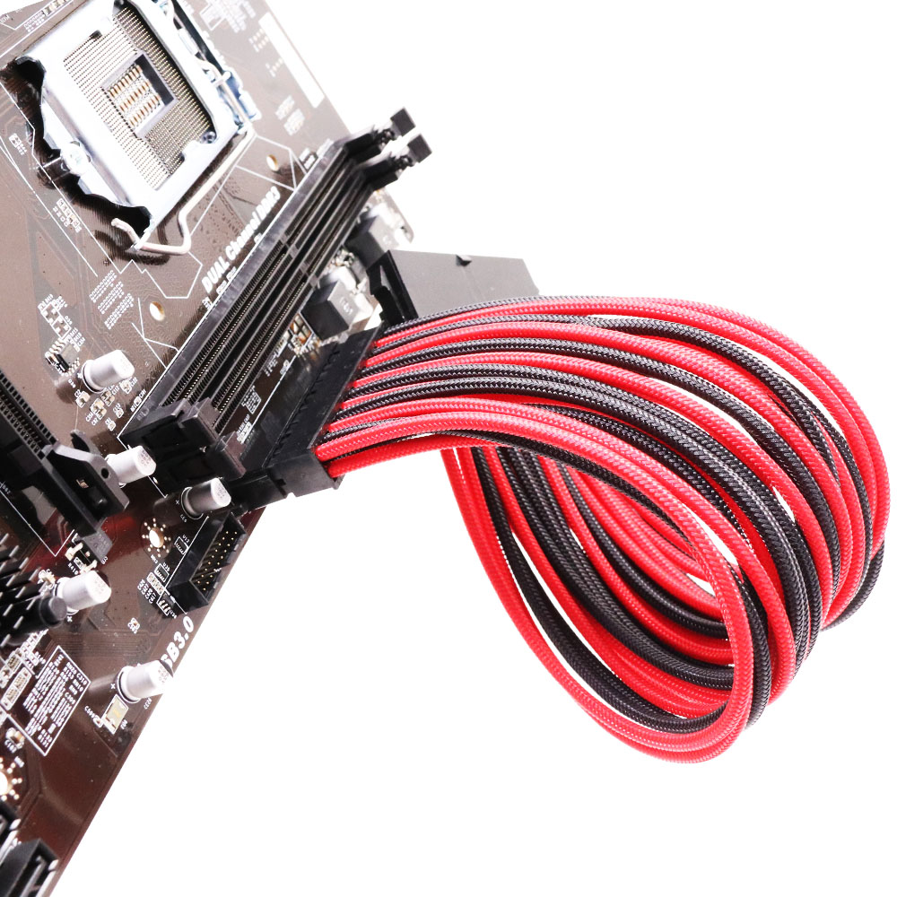 Extension Cord Power Cable ATX 24Pin braided extension cable Black&Red 18AWG