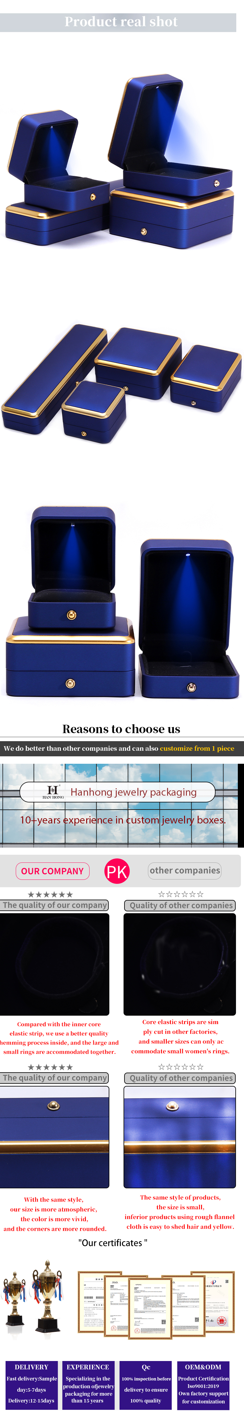 Custom Square Necklace and Ring Light Blue LED Jewelry Box with Luxury Elegant Style