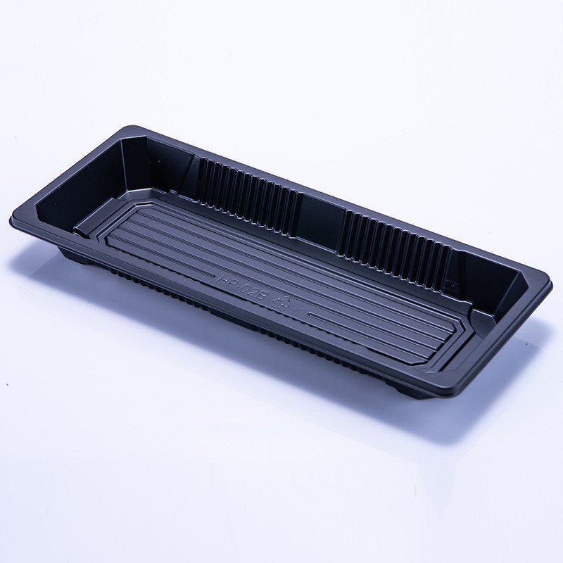 Customized disposable plastic PP sushi box black sushi tray vacuum formed rectangular sushi meat container with transparent PS anti fog lid