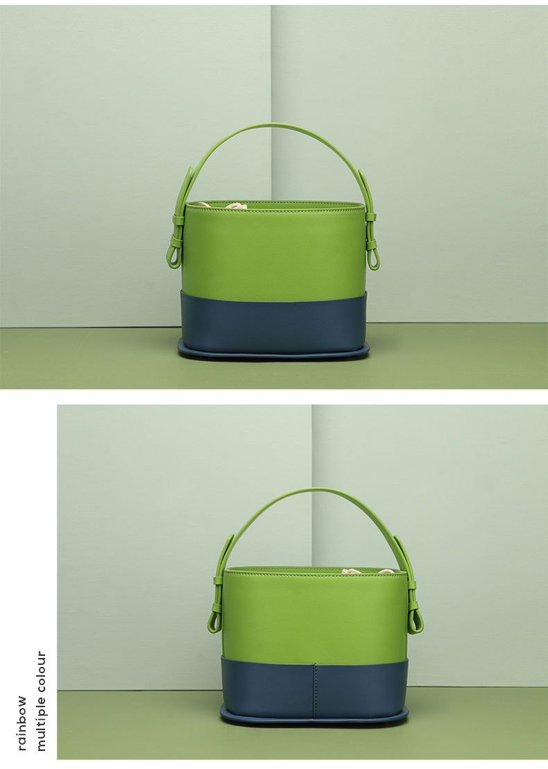 Green Bucket Handbags Cowhide Leather Multi Color Shoulder Bags For Women
