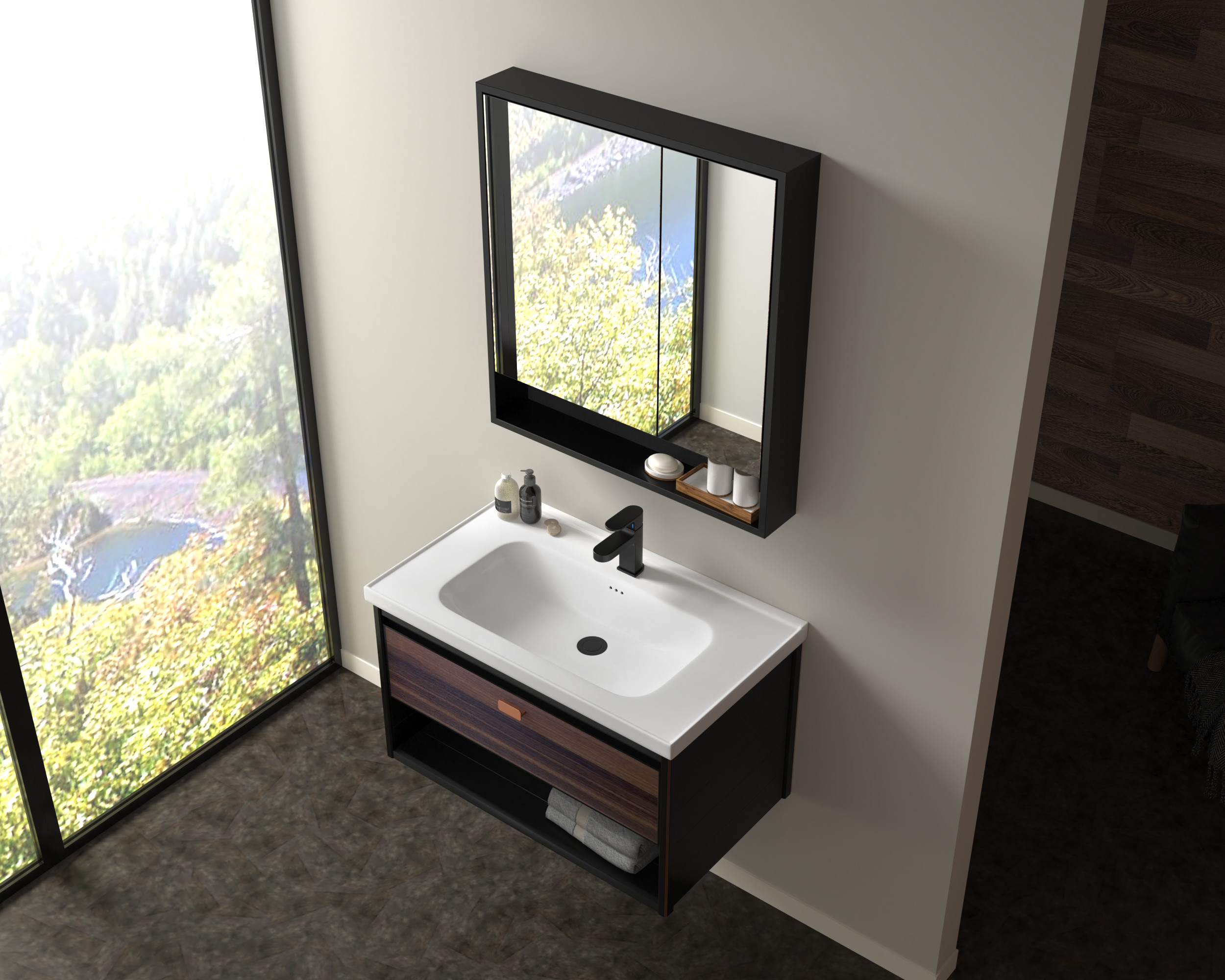 800mm Bathroom Mirror Cabinet Wall Mounted Artificial Marble Countertop