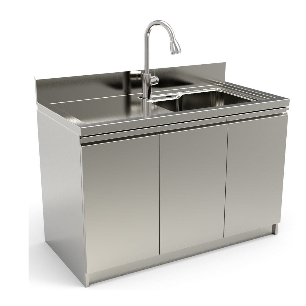 Stainless steel cabinet with single sink.