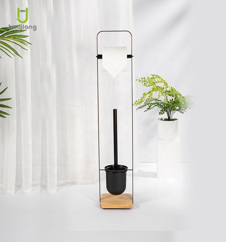 Sustainable Bathroom Cleaning Tool Black Toilet Brush and Paper Holder with Bamboo Handle