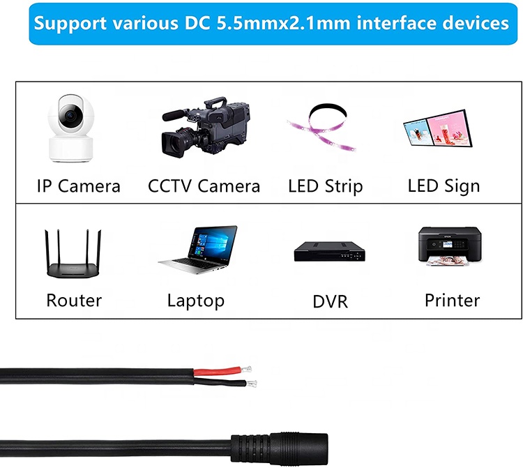 CUSTOM DC Supply Input Jack 2.1x5.5mm Male Female Socket Barrel Connector to Open DC Pigtail Power Cable