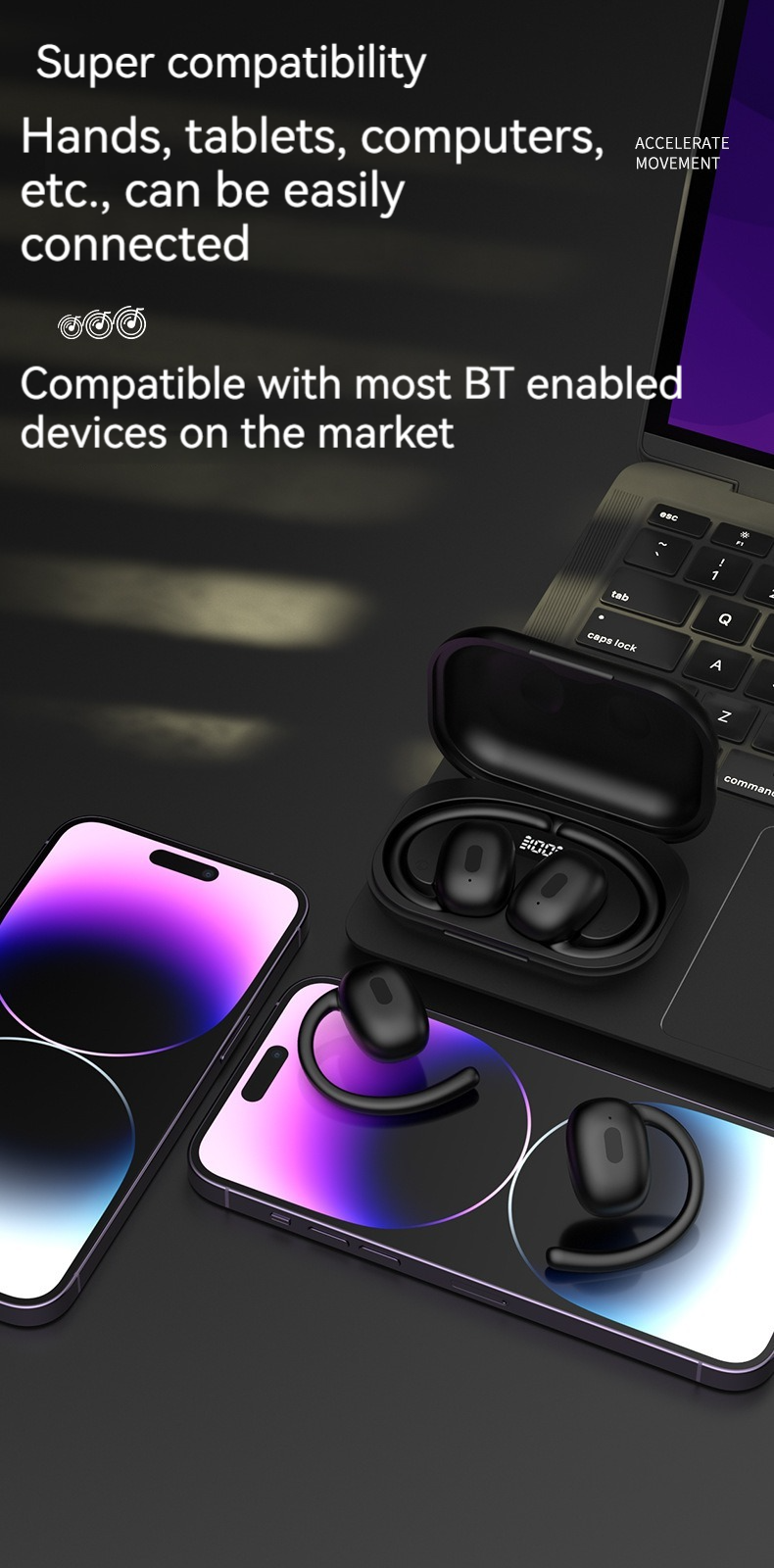Wireless Stereo Headphones OWS Gaming 5.3 for Mobile Phones Low-Latency Noise Cancelling