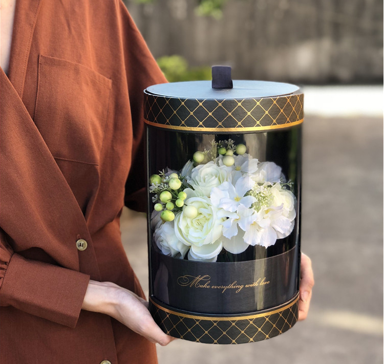Round Cylinder Shape Gold Stamping Logo Flower Packaging Box for Roses Made by Materials