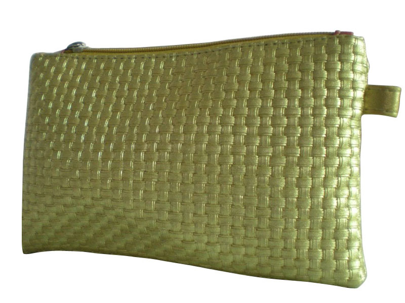 Gold Woven Veins Leatheroid Wallet Bag, Fabric Carrier Bags With Leather Loop