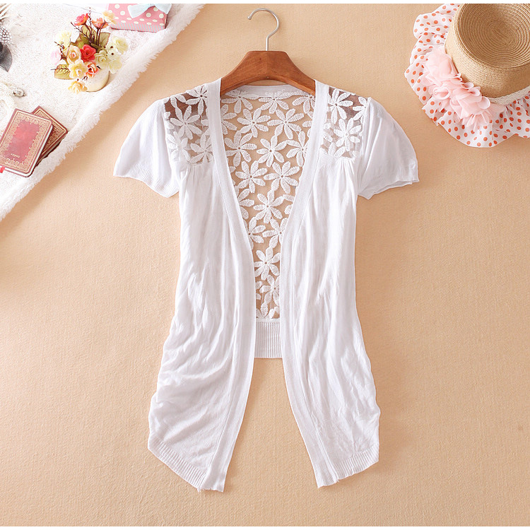 Spring/Fall Hot Selling Fashion Women's Clothing Brand See Through White Short Sleeve Crochet Net Lace Cardigan