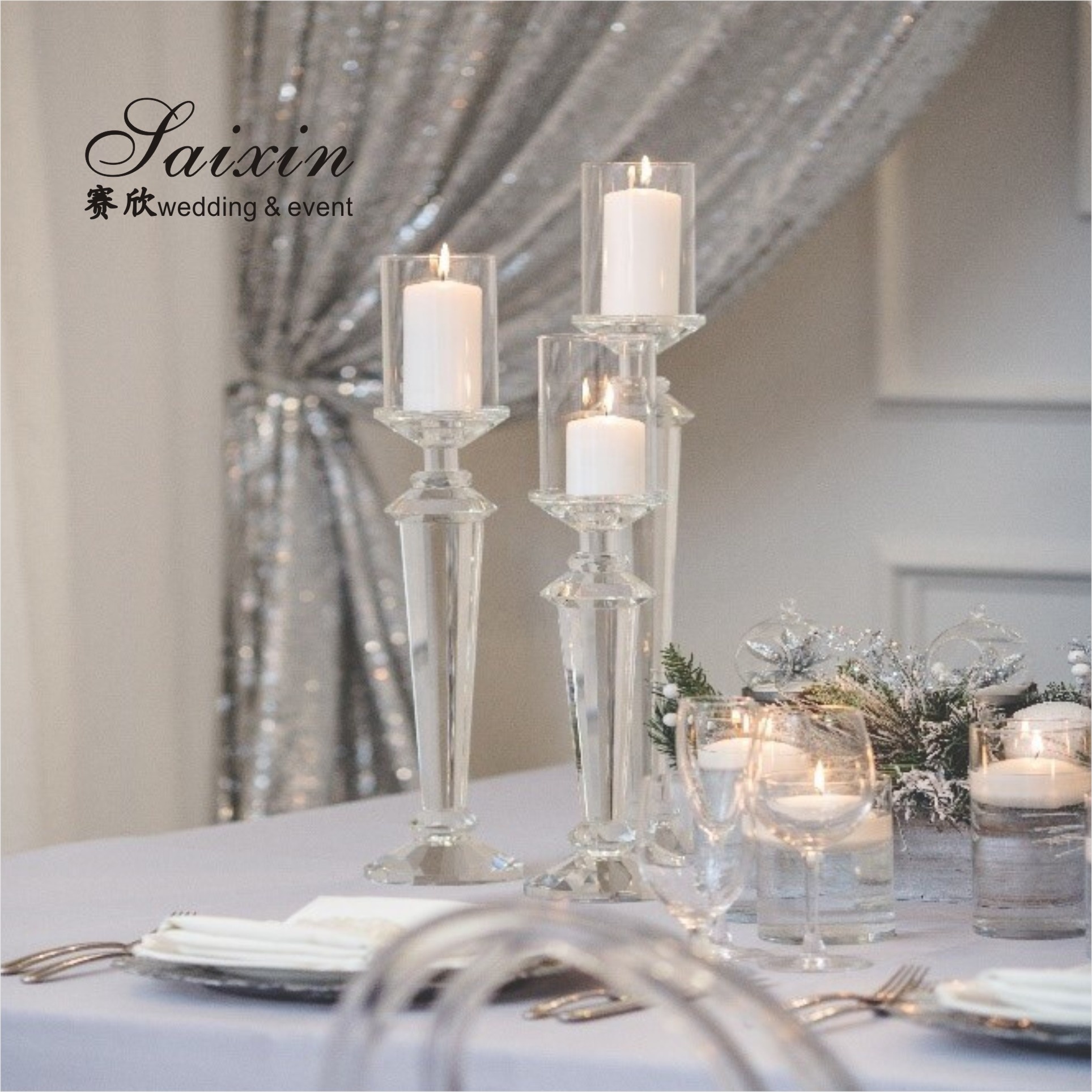Gold Pillar Wedding Candle Holders Tall 4pcs Set Champagne 40cm