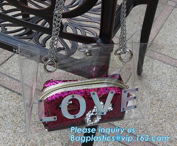 luxury handbag women chain shoulder bag clear PVC plastic tote bag, Tote Bag Clear Shoulder PVC Bag with Zipper, pac, ba