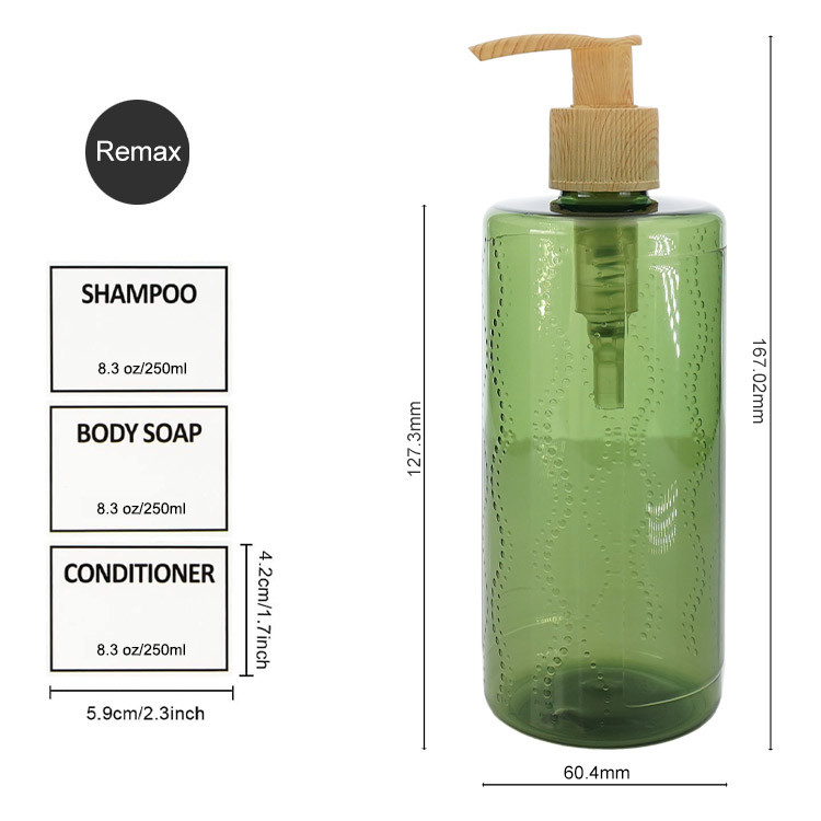 250ml Green cylindrical smooth with bamboo pump for shampoo lotion bottle