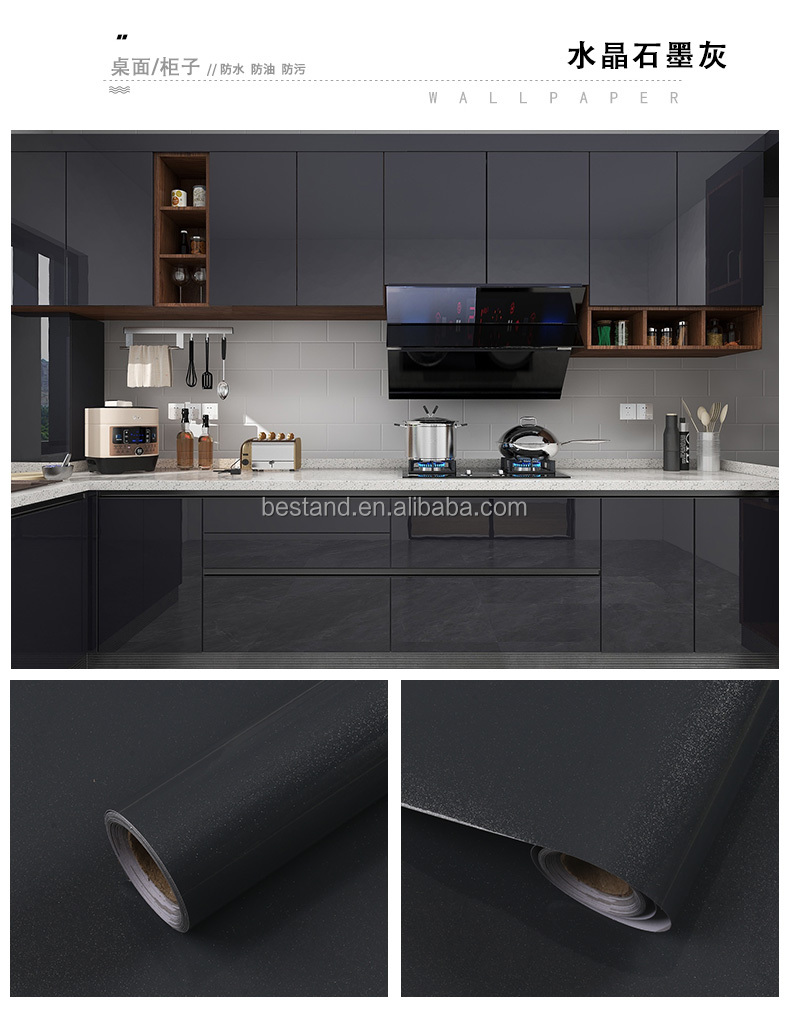 Modern Design PVC Dark Gray Glossy Foil Sticker for Removable Furniture Wallpaper Kitchen Cabinet Door Paper