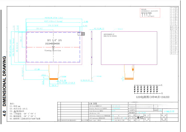 7.0 Inch 1024x600 IPS TFT LCD Display 1500nits Sunlight Readable High Brightness