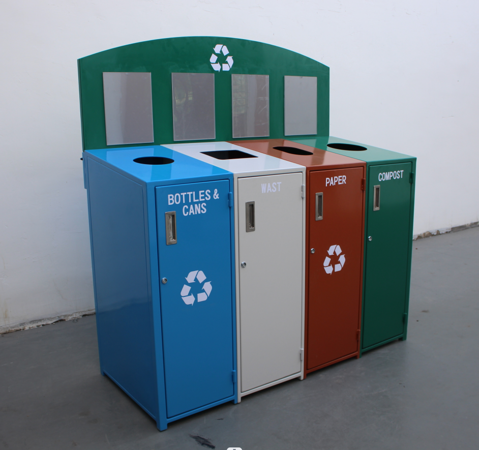 3 Compartment Steel Outdoor Trash Cans With Cover Lid Rustproof