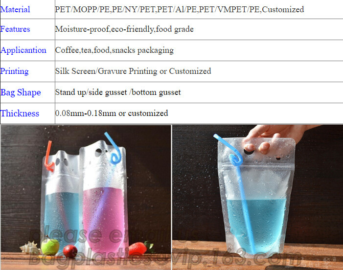 stand up reclosable drinking pouches cold drink Zip lockk bag with straw,Beveragereusable Kids Snack Zip Lock Juice Drink