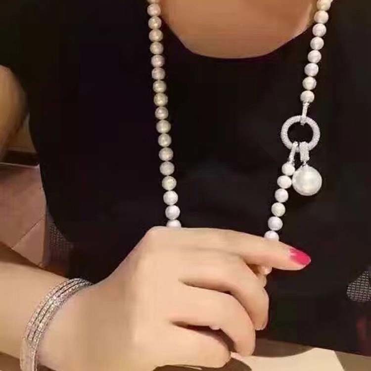 White Shell Pearl Strands Sweater Pendant Necklace with Cubic Zirocnia Charm (SN702144)