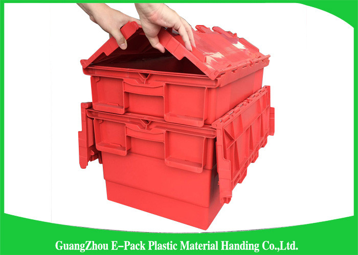 Nestable heavy duty plastic storage containers with attached lids stackable
