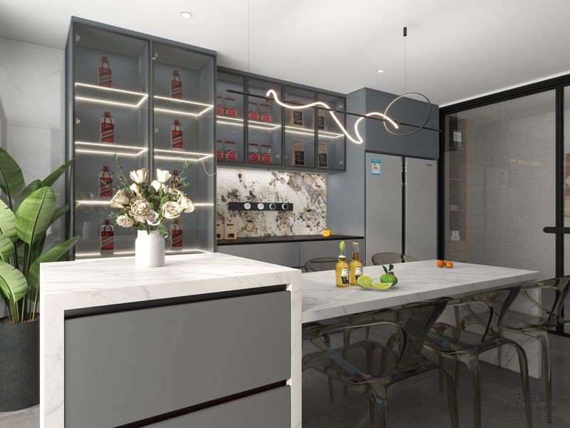 Fadior Gray-Blue Stainless Steel Double Linear Kitchen Cabinets With Wine Storage And Multifunctional Island