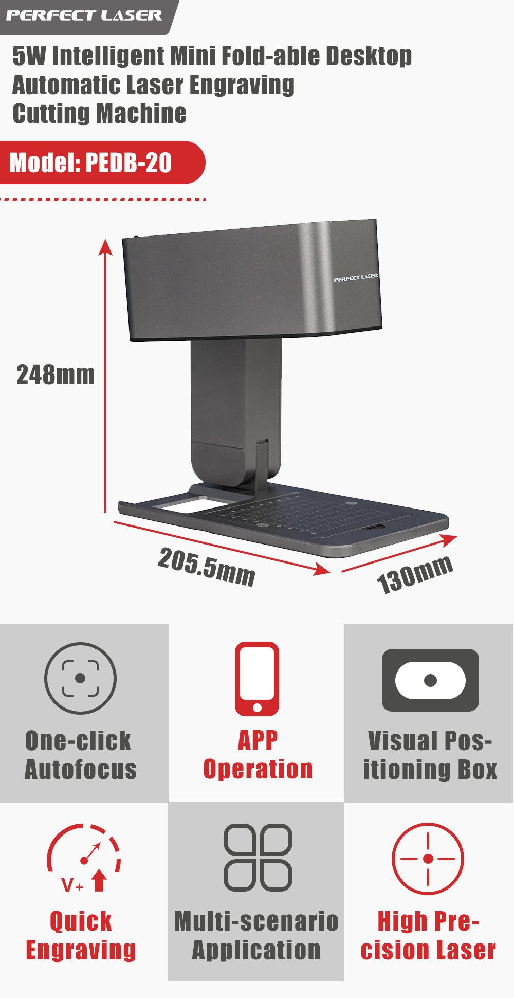 Automatic Laser Engraving Cutting Machine 5W Intelligent Mini Foldable Desktop 455nm