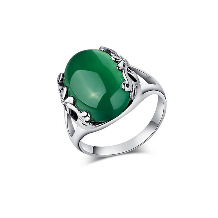 Sterling 925 Silver Oval Green Agate Ring Thai Vintage Jewelry Size (R111703)